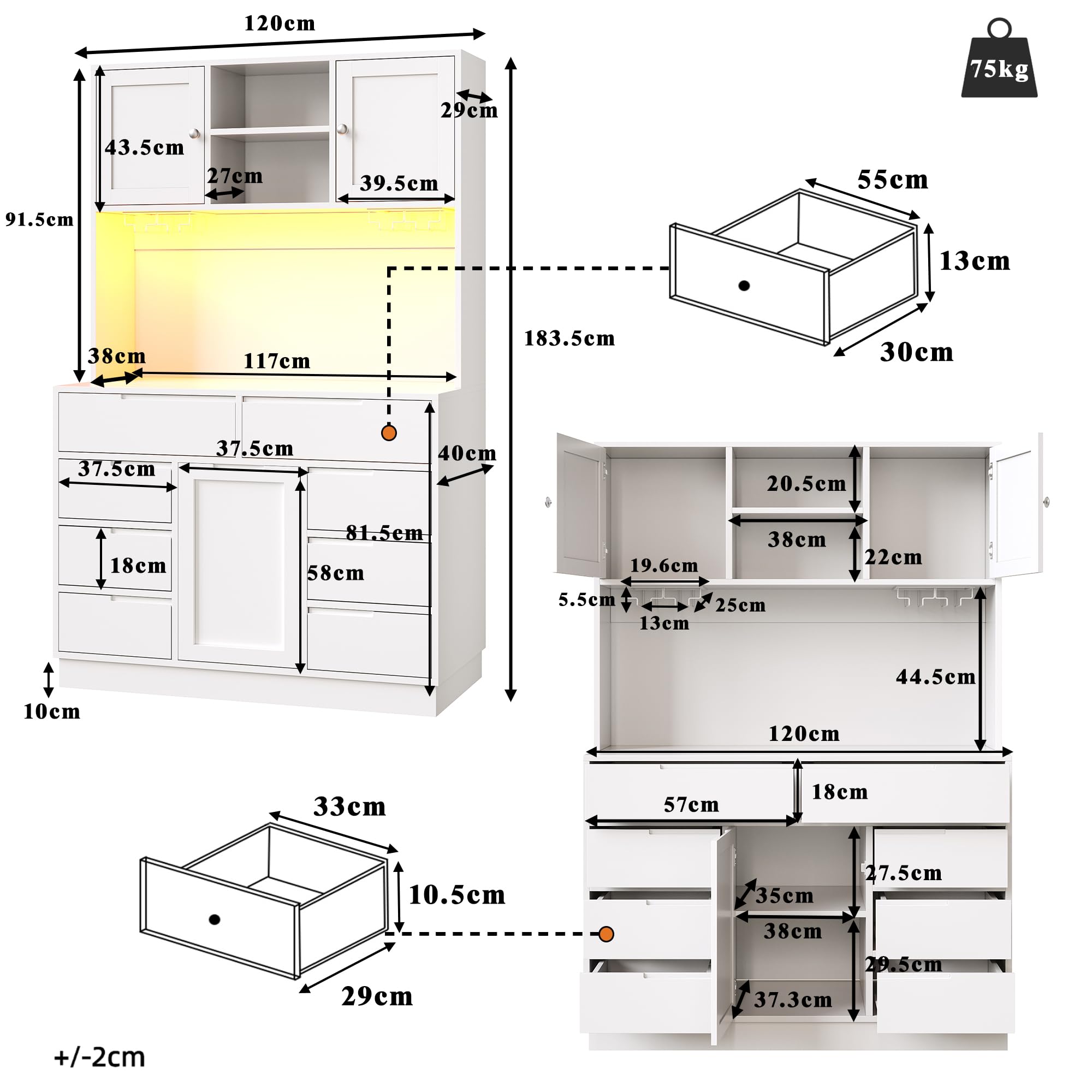 Küchenschrank Hochschrank mit LED-Beleuchtung und Arbeitsplatte | 92 cm Höhe Mehrzweckschrank mit 8 Schubladen | Vitrine Buffetschrank für Wohnzimmer und Küche | Haushaltsschrank in Weiß
