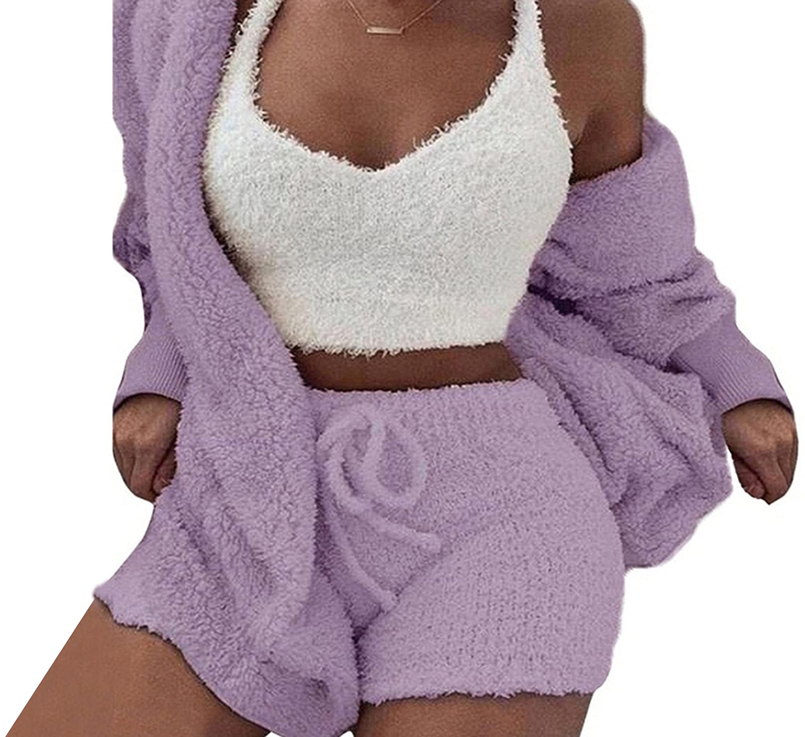 Famnbro Women's Sexy Fuzzy 3 Piece Outfits Fleece Warm Hooded Cardigan Crop Top Shorts Set Pajamas Loungewear