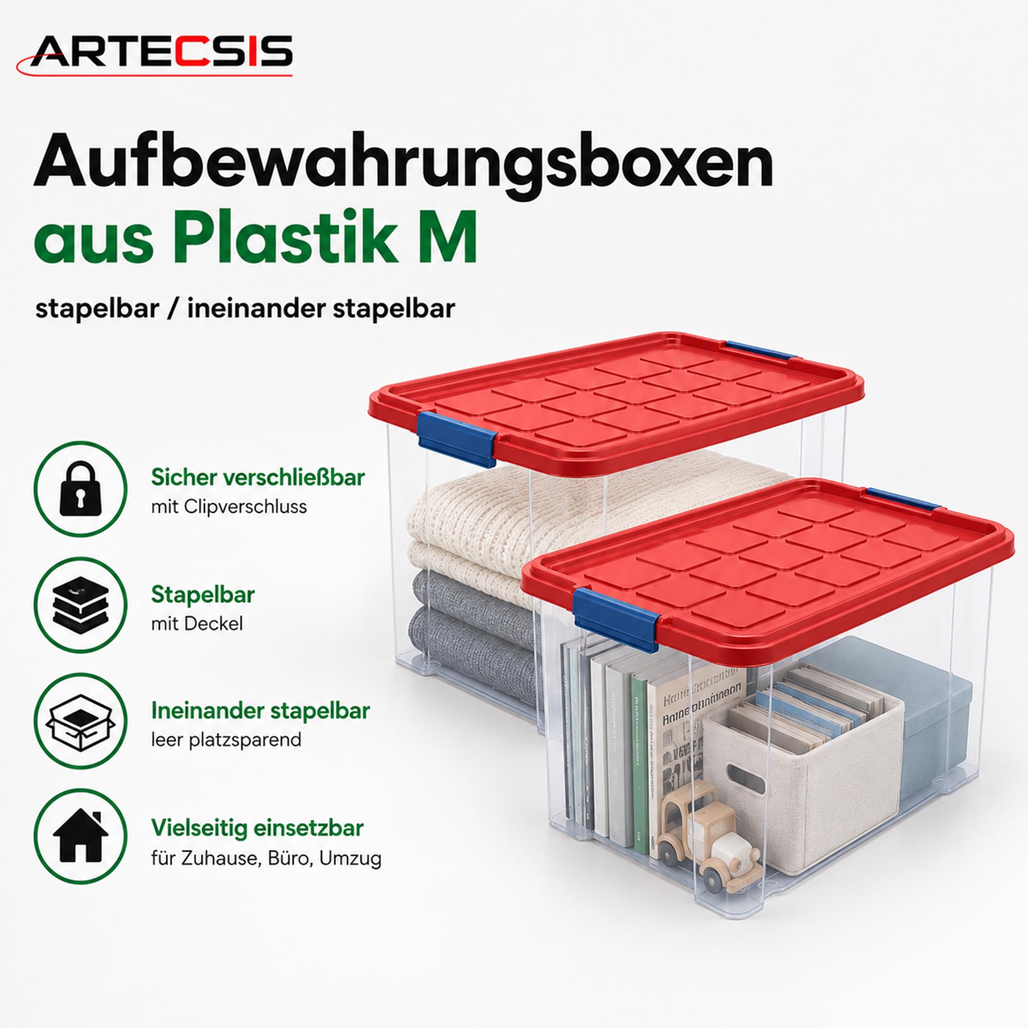 ARTECSIS 4 x Aufbewahrungsboxen aus Plastik M, 15L - 40 x 29 x 21 cm, aufbewahrungsbox mit Deckel, Eurobox, stapelbar