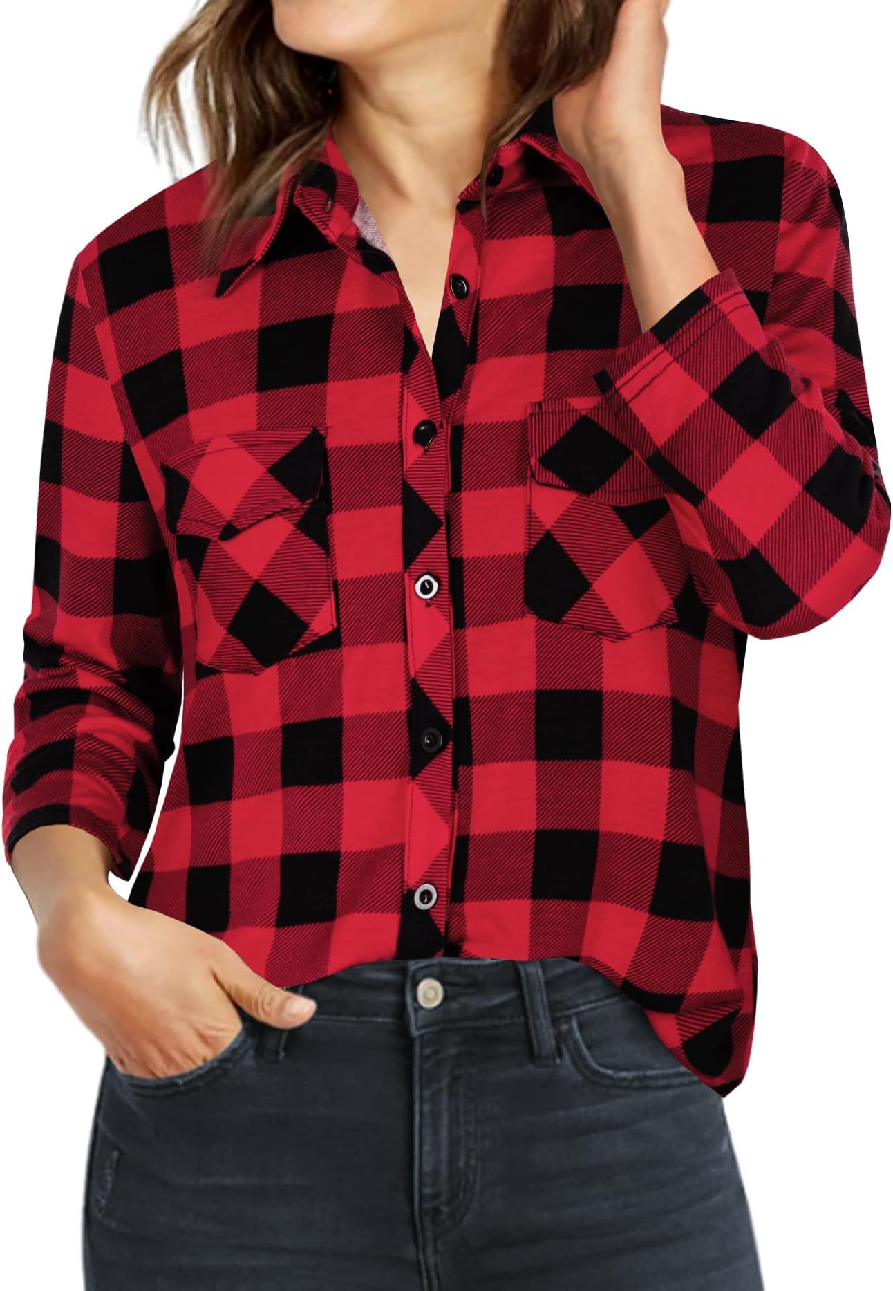 Women's Plaid Shirt Collared Button Down Blouse 3/4 Sleeve Tunic Tops