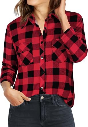 Ninedaily Womens Plaid Shirt Collared Button Down Blouse 3/4 Sleeve Tunic Tops