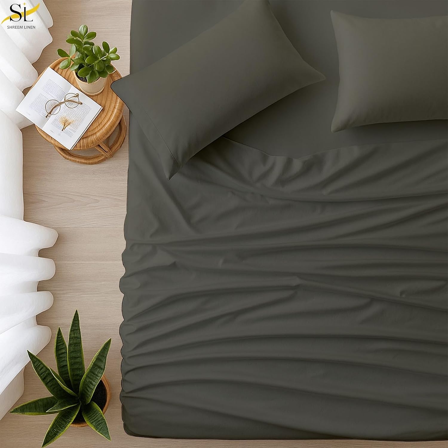 Shreem Linen RV Bunk XL Sheets 42x80, 100% Egyptian Cotton 4-Piece Camper Bedding Set, Fits 10-12" Deep RV Mattress, Dark Grey