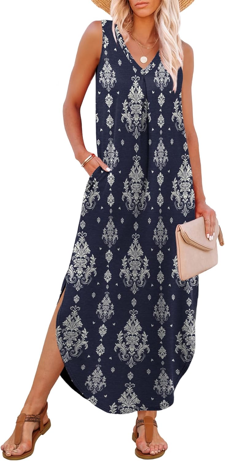 OFEEFAN Maxi Dresses for Women 2026 Loose V Neck Sleeveless Casual Beach Vacation Dress Side Slit Sundresses with Pockets - Image 2