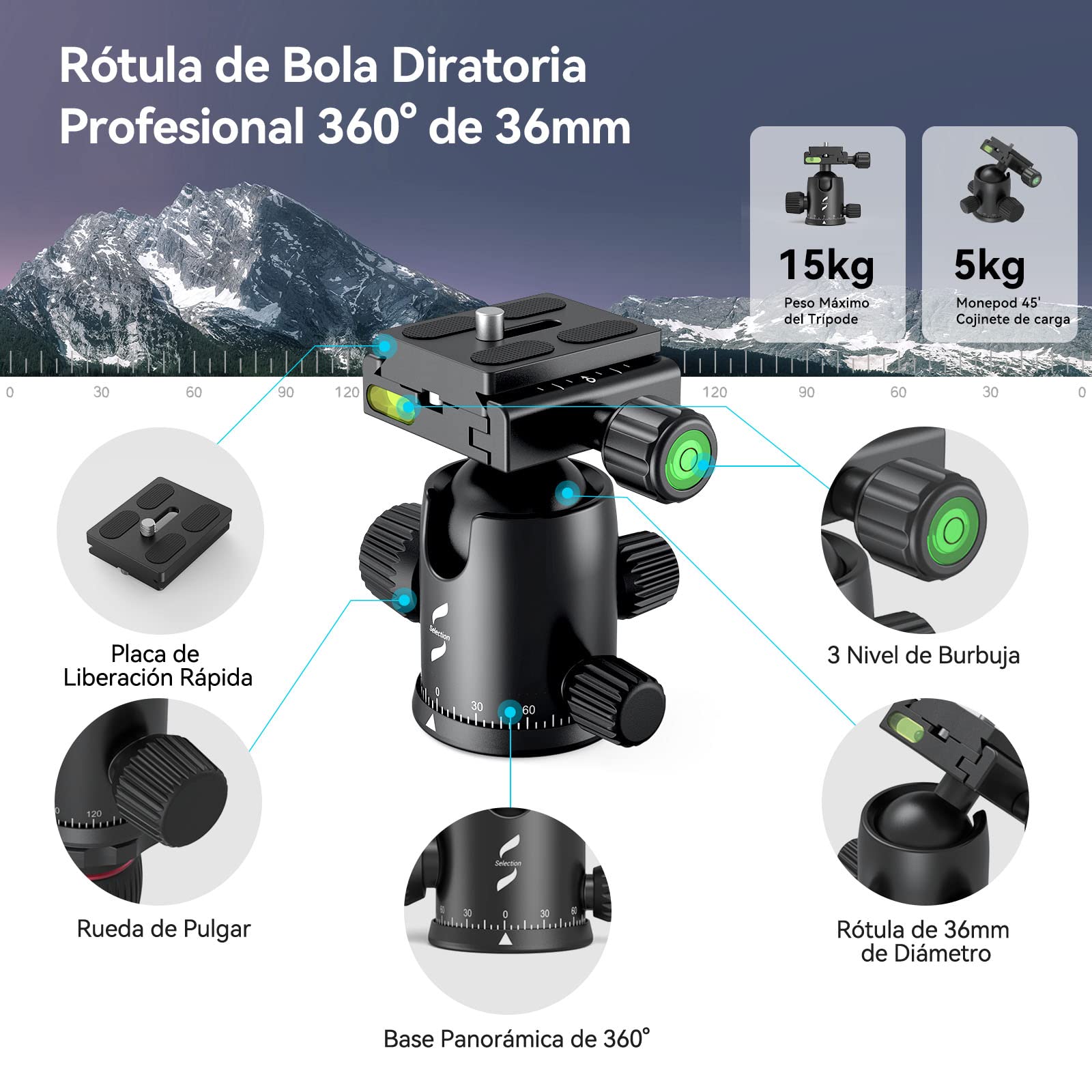 SMALLRIG Trípode Monopie para Cámara, 78.7" Plegable de Aluminio, Cabeza Esférica 360° Desmontable, Carga 33 LB - 3474C