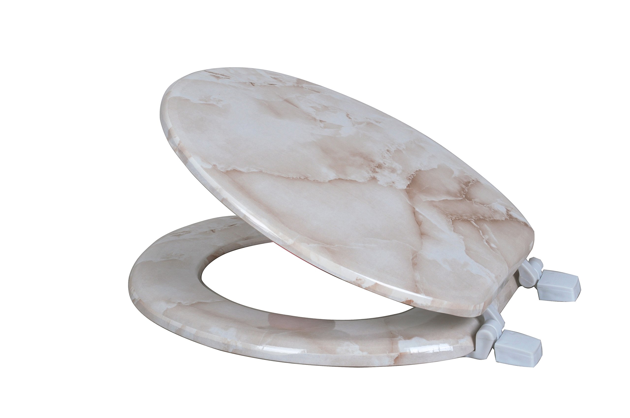 Dream Bath Heavy Duty Round Toilet Seat with non-slip seat and quick-attach easy install hardware, Marbleized Wood Beige