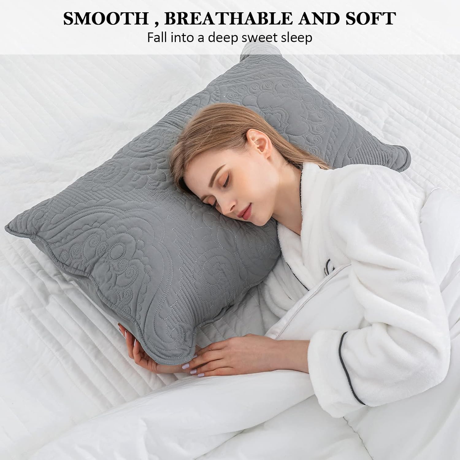 BOSOWOS Quilted Pillow Shams Set of 2, Decorative Microfiber Standard Bed Pillow Shams, Soft Breathable Pillow Covers with Envelope Closure (Grey, 2Pcs:20 x 26inch) - Image 2