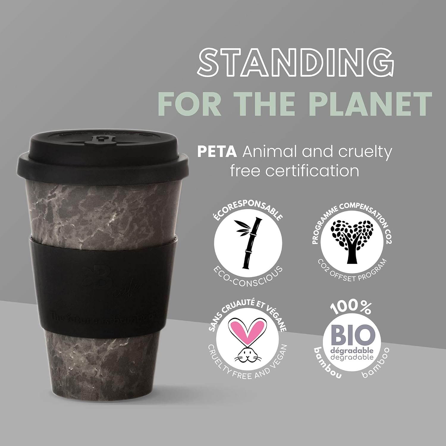 The future is bamboo - Reusable Coffee Cup Eco Friendly Bamboo Fibe Coffee Tumbler and Travel Mug 16oz, Dark Marble | Organic Bamboo Fiber