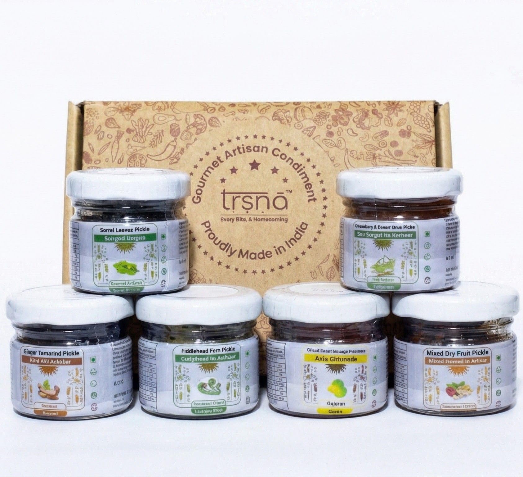 Trsna Special Trial Pack of 6 Pickle Varieties – Mango (Aam Ka Achar), Lemon (Nimbu Ka Achar), Kerda, Lahsun, Green Chilli & Fiddlehead Fern | Mixed Indian Pickle Combo | Spicy & Tangy flavour | Homemade | Pickles Jar-image-8