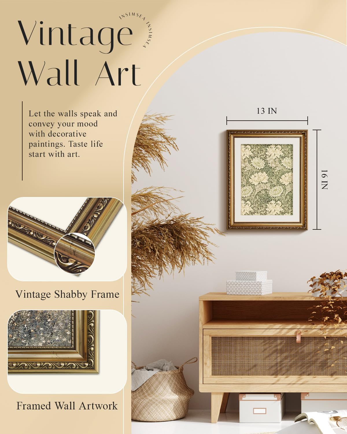 InSimSea 13x16 Gold Framed Canvas Wall Art, Aesthetic William Morris Floral Art Prints, Sage Green Botanical Wall Decor Framed Poster Pictures for Living Room Bathroom Office