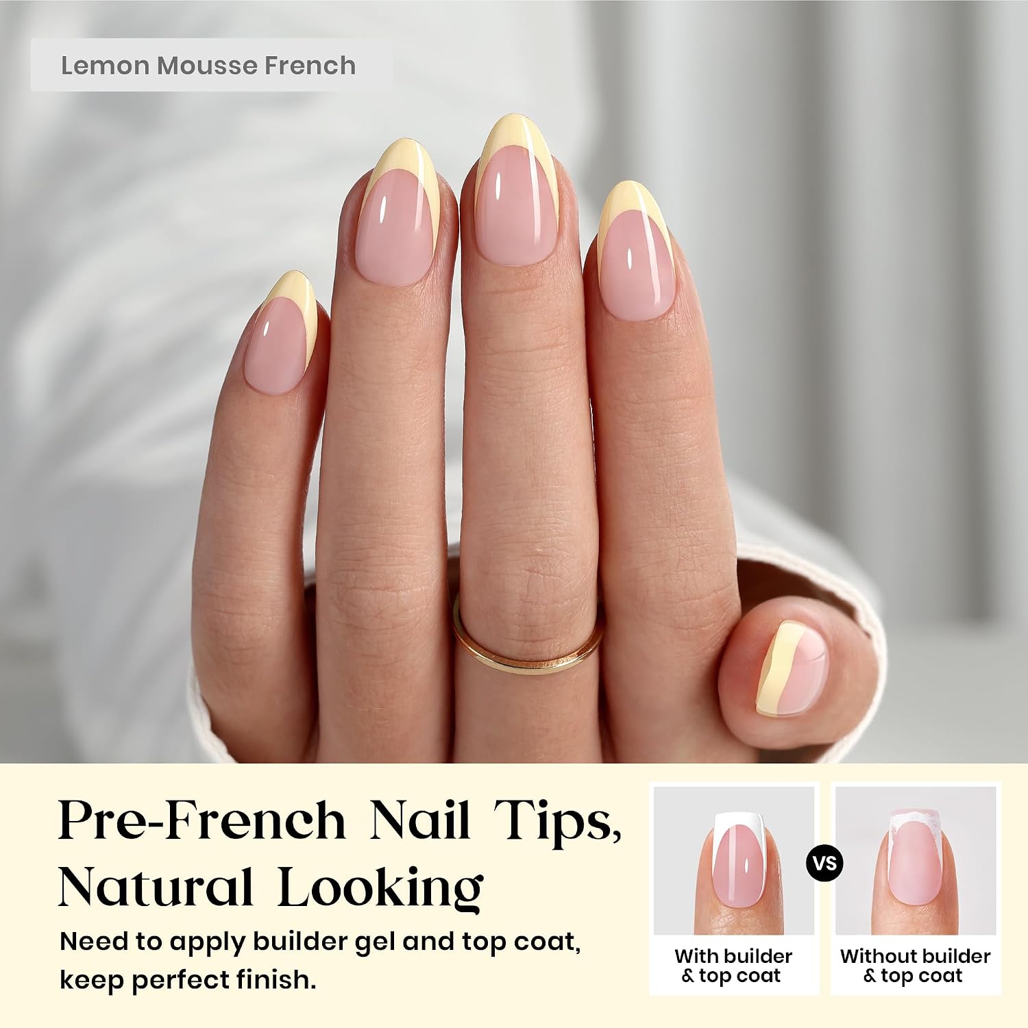 Beetles Yellow French Tips Press On Nails, 160 Pcs Pastel Spring Press On Nails Short Almond, Yellow Fake Nail Tips Soft Nail Gel False Nails Art DIY For Women
