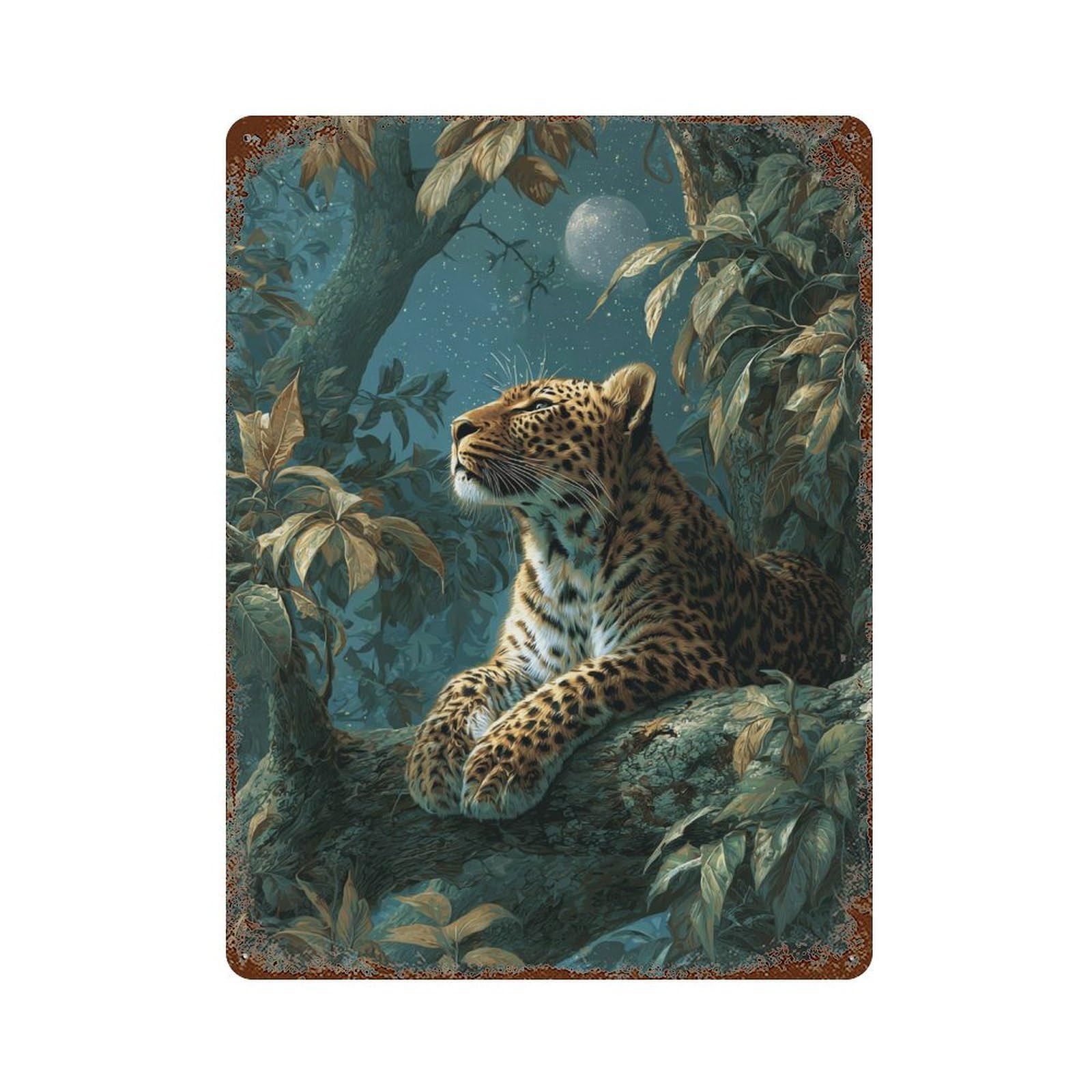 Garage Style Amazon Jungle Leopard Moonlight Weathered Tin Sign 15.7"x11.8", Old School Wall Decor for Bar And Workshop