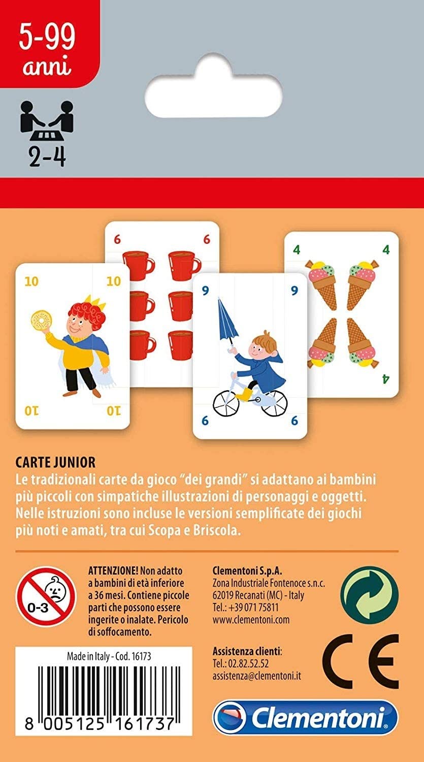 Clementoni - Burraco Junior, Mazzo di 110 Carte Illustrate, Gioco da Viaggio Divertente per Bambini 7+ Anni, 2-4 Giocatori, Idea Regalo, Made in Italy, Lingua Italiana, 16291