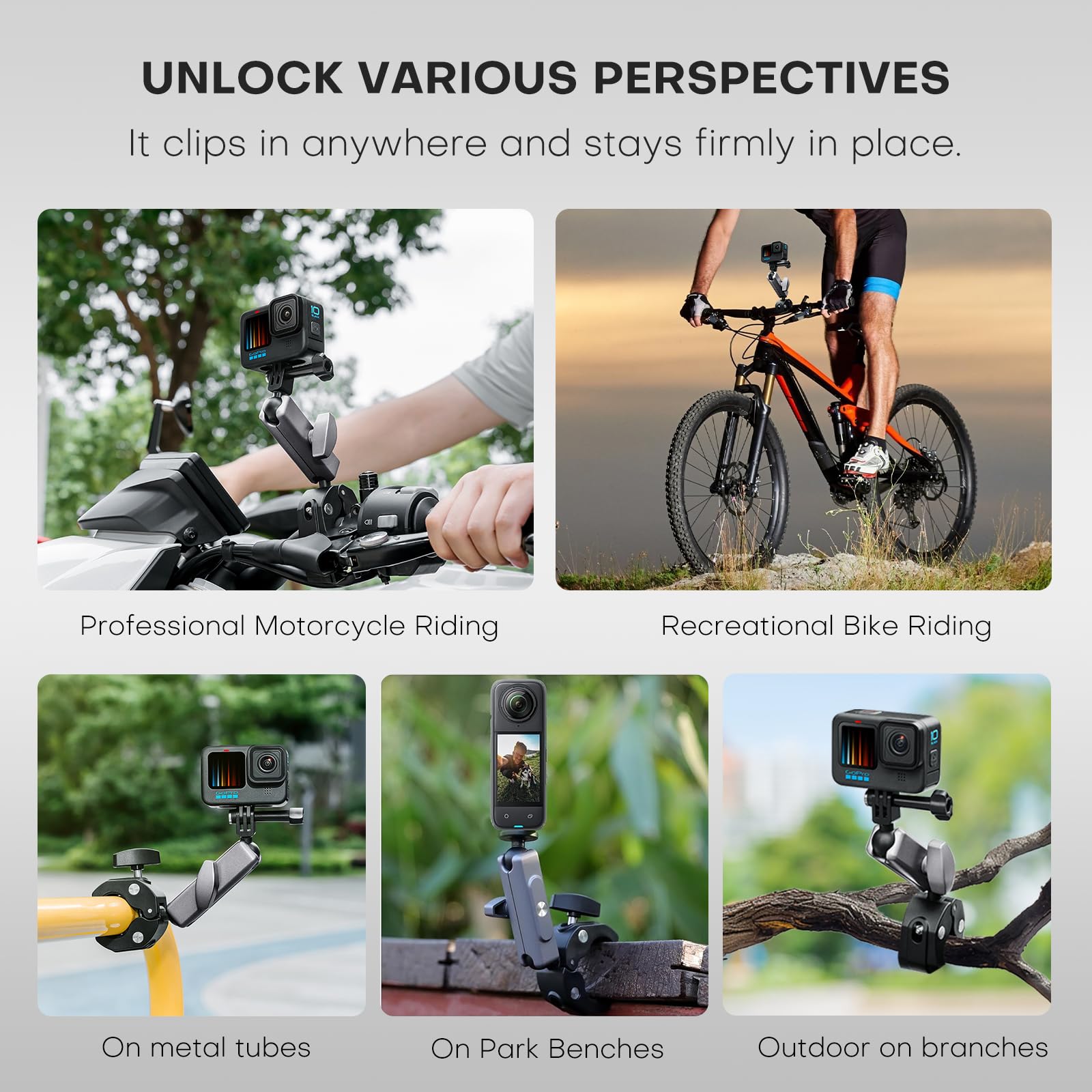 REYGEAK Supporto per fotocamera a doppia testa a sfera a 360° con viti da 1/4, supporto per manubrio per bicicletta a doppio artiglio per Gopro Max Hero 13/12/11/10/9