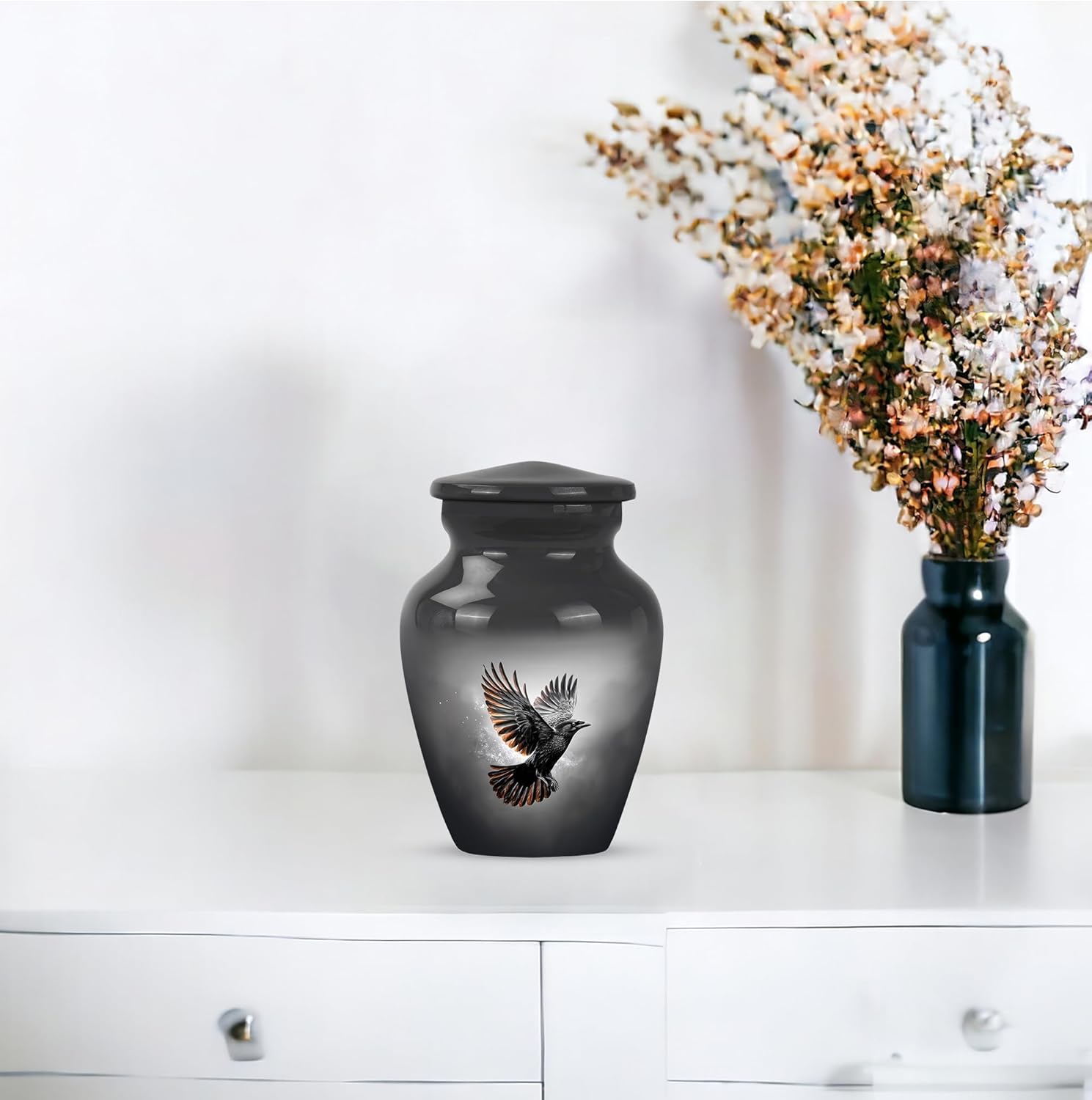 Crow Small Cremation Urn, Birds Memorial Gift for Parents, Tiny Urns for Humans Ash Adult Male & Female, Mini Urn for Human Ashes Keepsake, Burial & Funeral Urns, 3 Inch