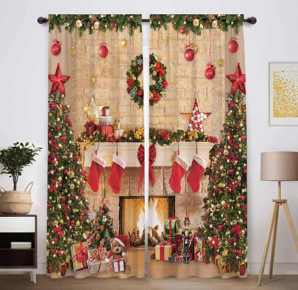 Funnytree Christmas Fireplace Window Curtains for Kids Merry Xmas Winter New Year's Eve Tree Gifts Holiday Baby Bedroom Nursery Toddler Home Party Decor Durable Fabric Machine Washable 82 in x 84 in