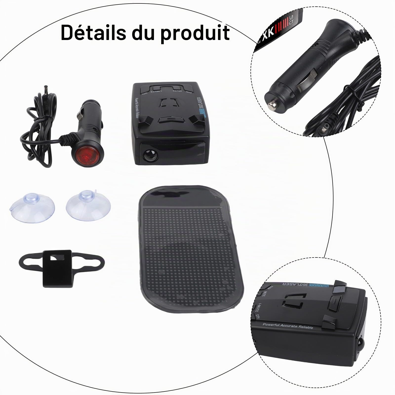 Whychstore Détecteur de radars de véhicule à longue portée, couverture à 360° avec alertes vocales, design compact ABS pour