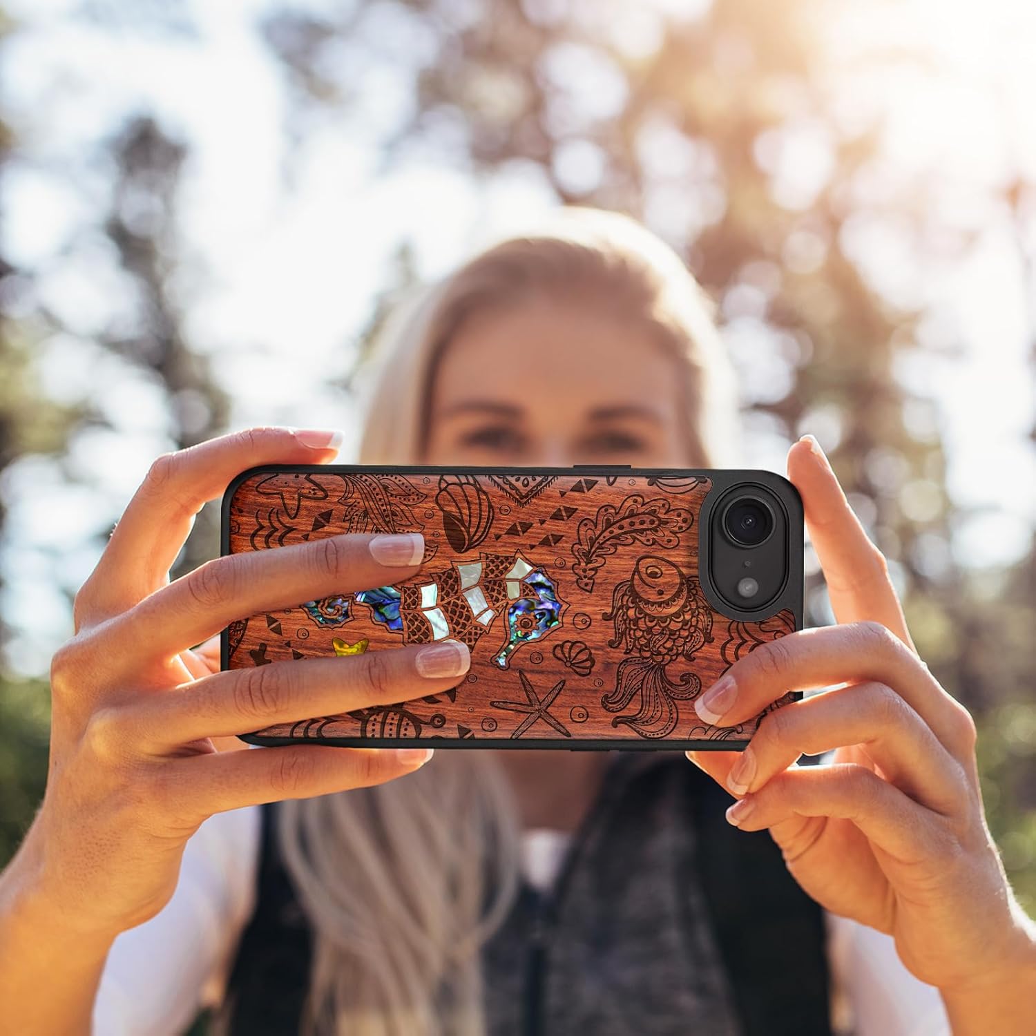 Carveit Magnetic Wooden Case for iPhone 16e / 17e, Wood Artisan Engraved & Handmade Shell Inlaid, TPU Shockproof Cover, Compatible with MagSafe Wireless Chargers, The Underwater World - Rosy