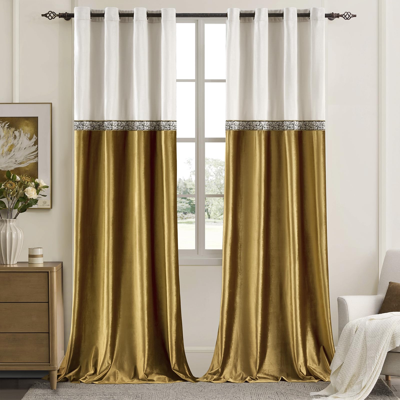 GIGIZAZA Velvet Curtains for Living Room 84 Inches 2 Panels Vintage Window Treatment Ivory Gold Curtain Embroidered Floral Blackout Drapes Retro