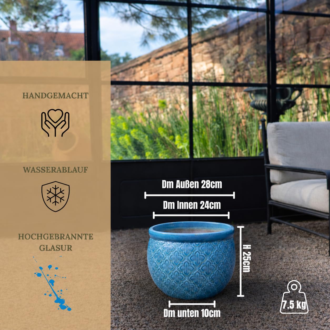 Palatina Werkstatt Azur Occitanie - Vaso per piante in ceramica smaltata, grande, turchese/blu, realizzato a mano, smaltato con foro di drenaggio, vaso resistente al gelo, per terrazza, giardino e