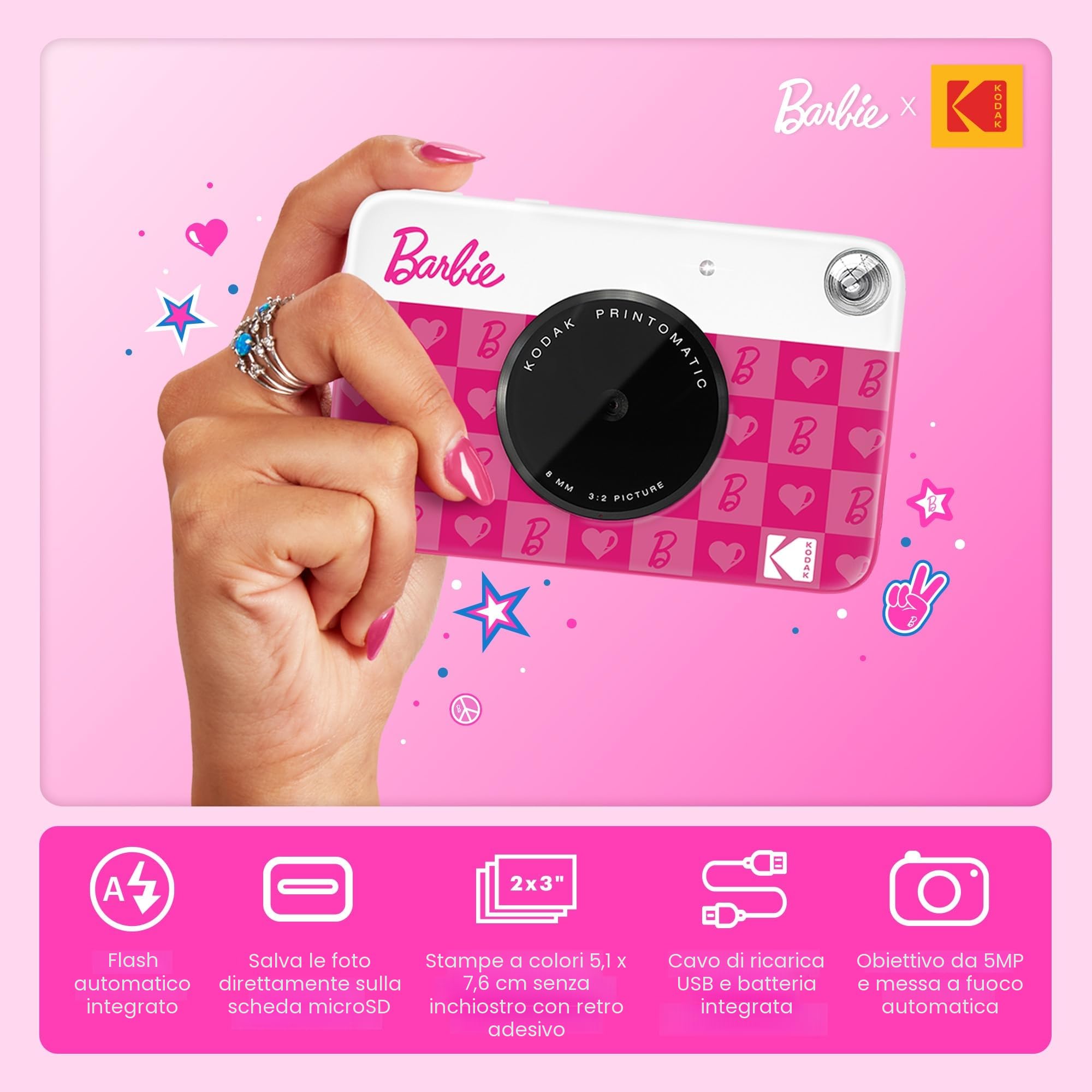 KODAK x Barbie Printomatic Fotocamera Digitale Istantanea a Colori Fotocamera Portatile Barbie da 5 MP, Carta Fotografica Adesiva Zink 2x3" (5,1x7,5 cm), Stile Iconico.