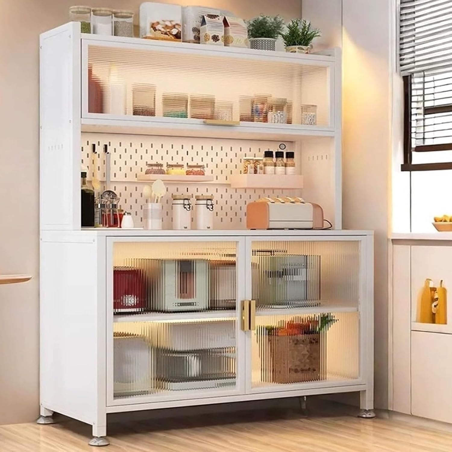 JKGHK Kitchen Pantry Cabinet Storage with Microwave Shelf, Kitchen Cabinet Storage with Acrylic Doors, Steel Buffet Cabinets with Pegboard, Coffee Bars with Adjustable Feet(White,24x61in)