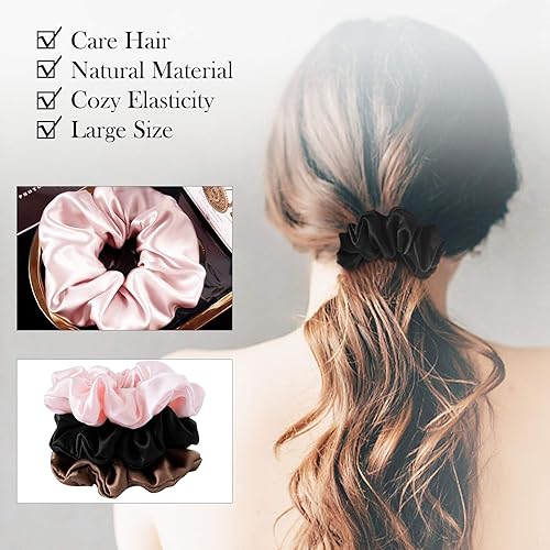 Miniatura 6 de Coleteros de seda para mujer, 100% seda de morera, paquete de 3 bandas elásticas para el cabello para dormir el cabello, sin daños, accesorios