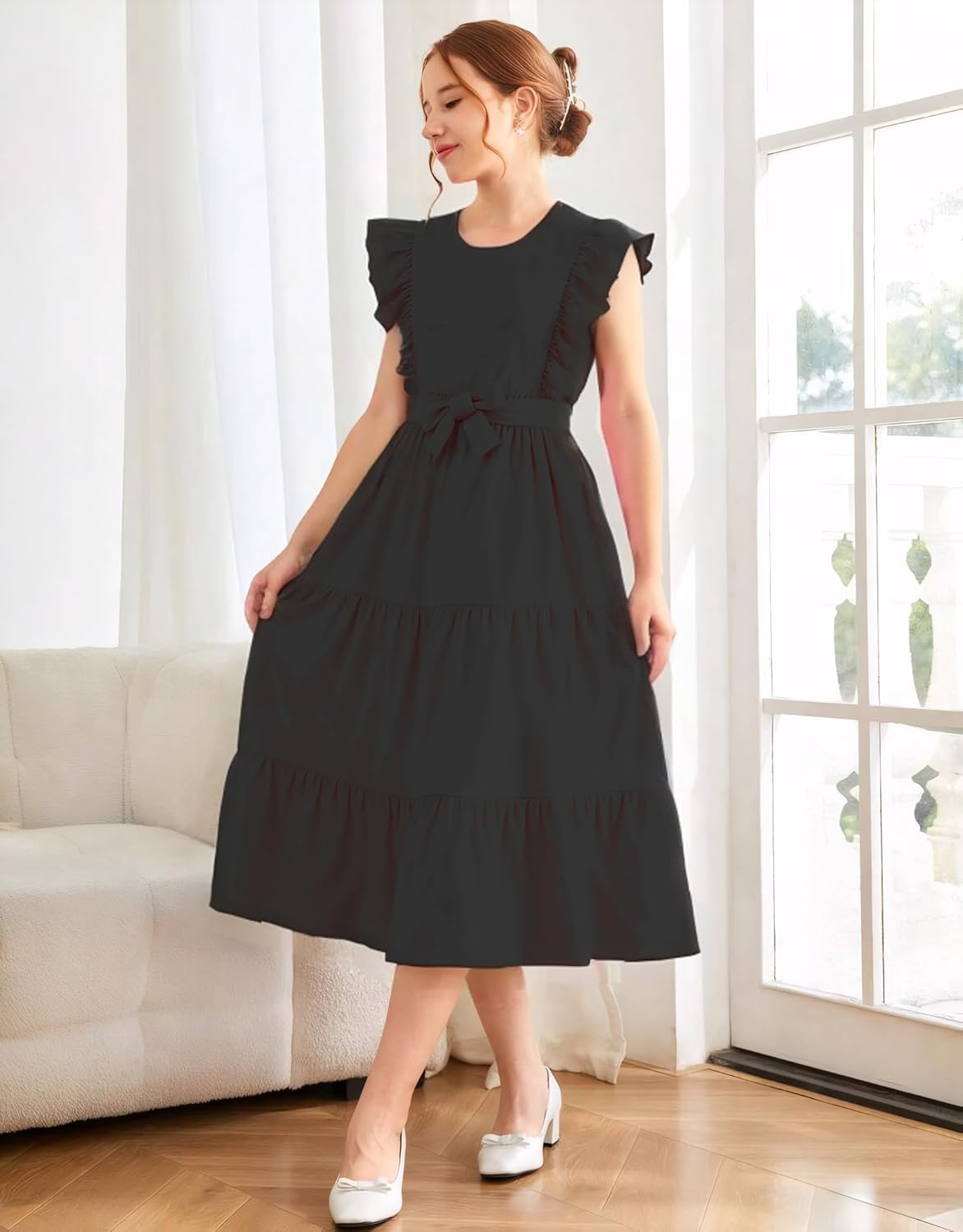 Girls Summer Dresses Ruffle Sleeve Dress A Line Swing Belted Casual Solid Color Party Dress 6-14 Years - Image 2