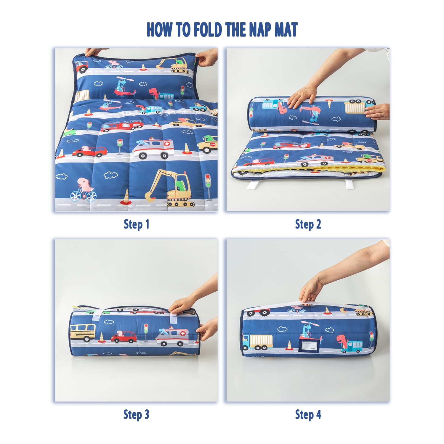 nap mat for Toddlers Sleeping Bag with Removable Pillow and Fleece Blanket Boys & Girls Thickened Soft Travel nap mats for Preschool Daycare Portable Kids Sleeping Mat Blue Car Dinosaur