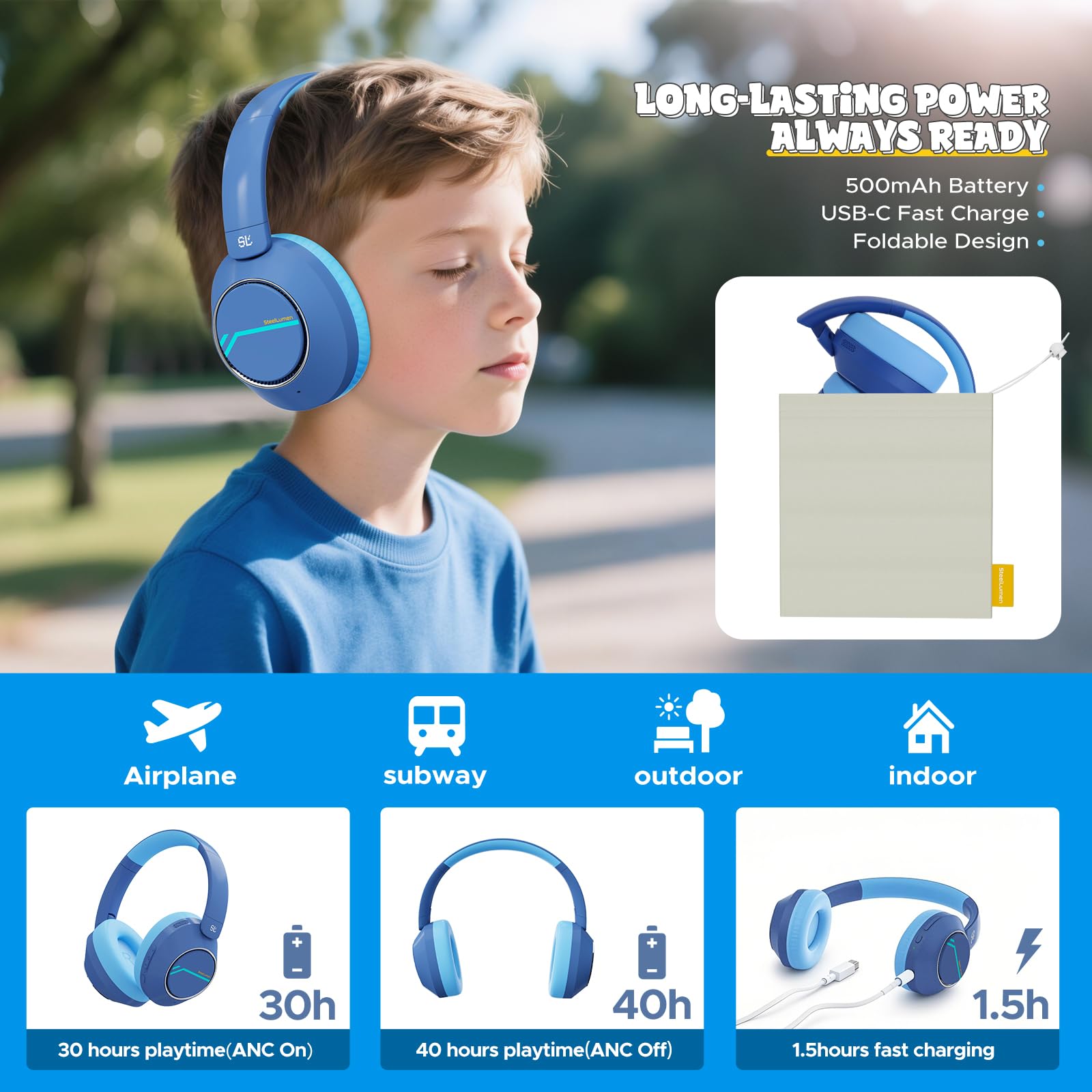 Steellumen Nova1Pro Kinder Kabellose Kopfhörer mit aktiver Geräuschunterdrückung, Bluetooth 5.4, 40H Spielzeit, Lautstärke begrenzt 75/85/94dB, Typ-C Schnellladung, Mikrofon, Faltbar für Schule/Reisen