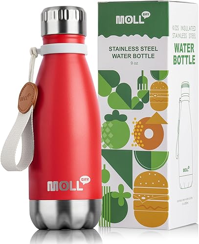 Mollcity Botellas de agua pequeñas, botella de agua para niños de 9 onzas para la escuela, acero inoxidable, aislada al vacío, de metal a prueba de