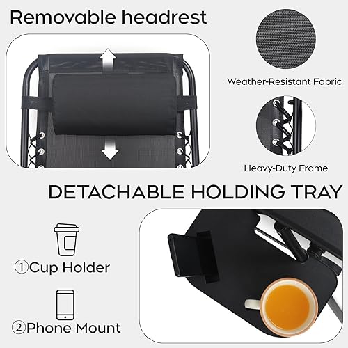 Miniatura 5 de Juego de 2 sillas reclinables ajustables de gravedad cero para exteriores, con bandeja portavasos, almohadas extraíbles, silla reclinable ergonómica