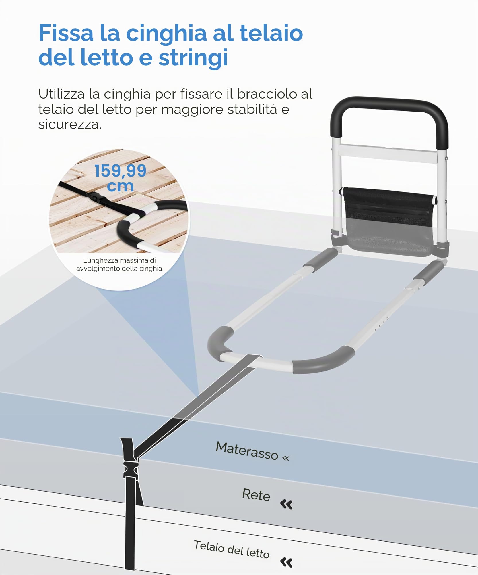 Sponde Letto Anziani Anticaduta con Piedi,Barra di supporto regolabile per letto,con sensore, supporto per alzarsi con custodia, per alzarsi in altezza
