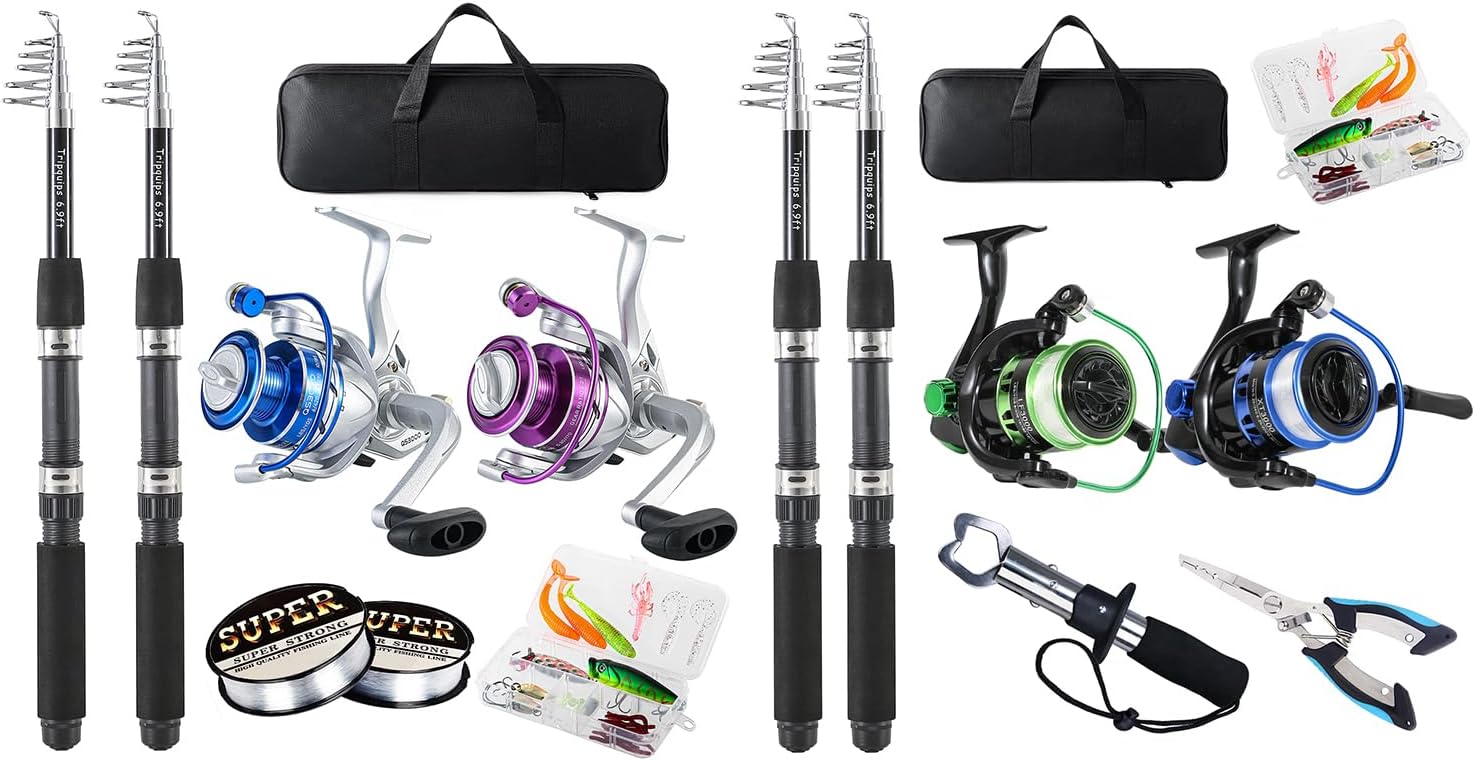 Tripquips 4 Packs Fishing Pole Combo, 6.9ft Telescopic Rods Set, Collapsible Carbon Fiber Fishing Rods, Spinning Reel Set with Carrier Bag Freshwater Fishing Rod and Reel Combos Kits