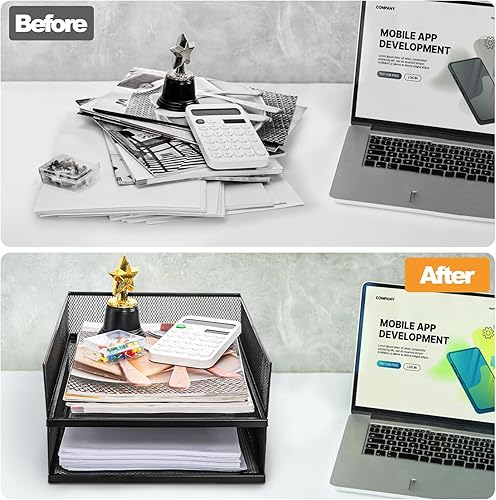 Miniatura 5 de YOUEON Paquete de 2 bandejas de malla de alambre de 12.8 x 10 x 2.9 pulgadas, organizador de bandejas de papel apilables para escritorio, soporte de