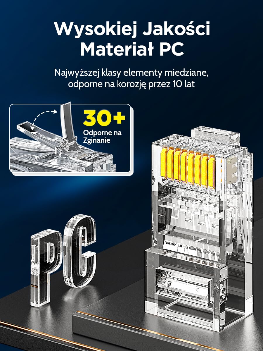 AMPCOM Złącze RJ45 CAT6 Przelotowe 100 Sztuk — Pozłacane 23-26AWG | Styki pozłacane 50μ 3-pinowe, przezroczysta kontrola wizualna, certyfikat Gigabit, kompatybilność wsteczna CAT5e