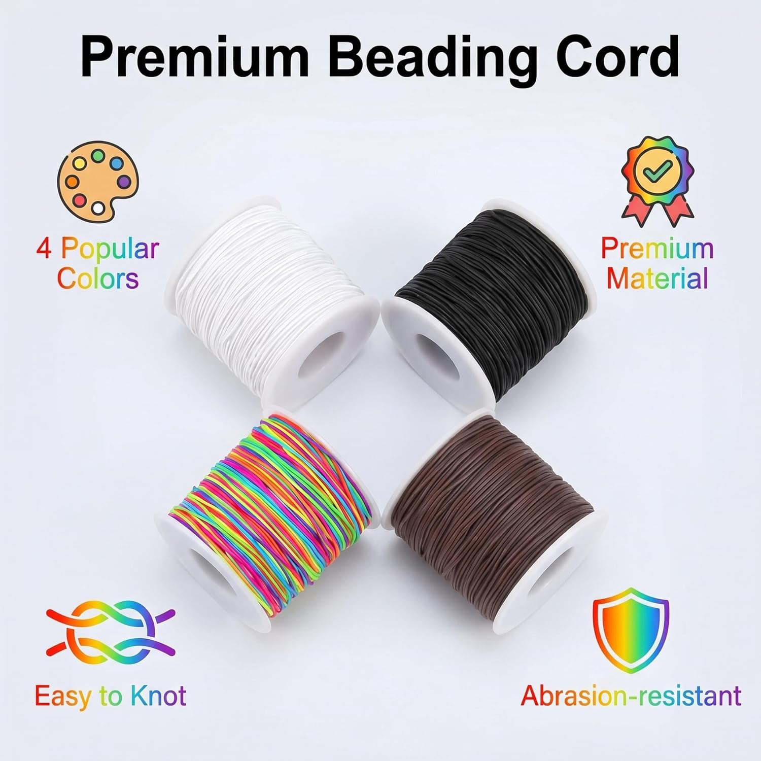 Stretchy Bracelet String 1mm – 4 Rolls Elastic String for Bracelet Making, 4 Colors Beading Cords Threads for Necklaces, Kandi Beads, Hair Ties & Crafts (Black, White, Rainbow, Brown)