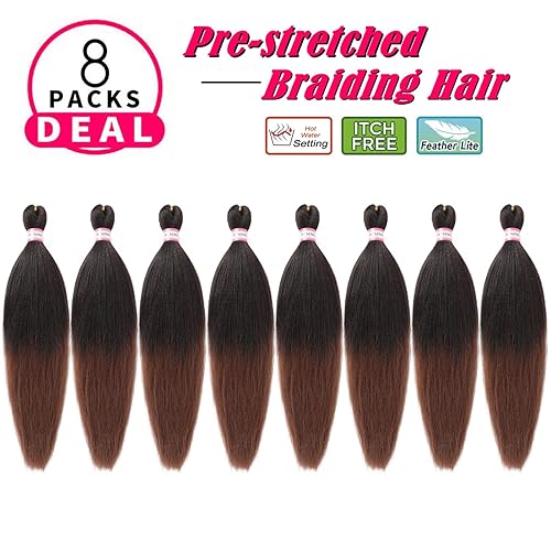 Miniatura 2 de Extensiones pre-estiradas de pelo trenzado Yaki de 20 pulgadas, 8 paqueteslote de agua caliente, trenzas sintéticas suaves para trenzas de ganchillo