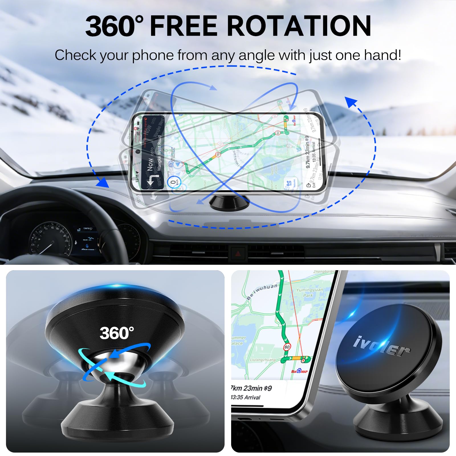 ivoler Support Telephone Voiture, [Lot de 2] Porte Téléphone Voiture Universel 360° Rotation, Magnetique Portable Aimant Adhésif pour Smartphone, Compatible pour Phones ou appareils GPS-Noir