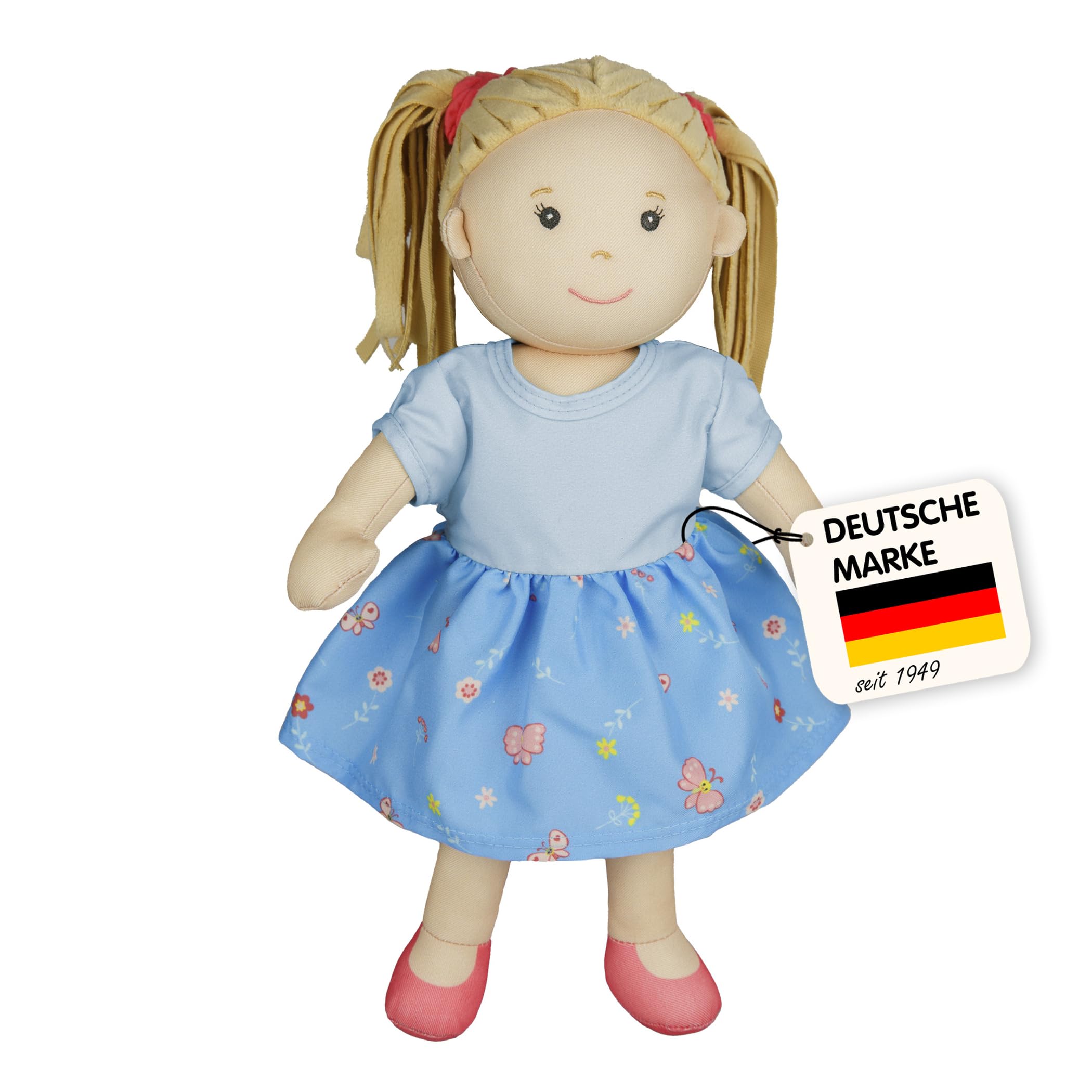 Stoffpuppe NELA, ca. 32 cm, blaues Klett-Kleid zum An- und Ausziehen