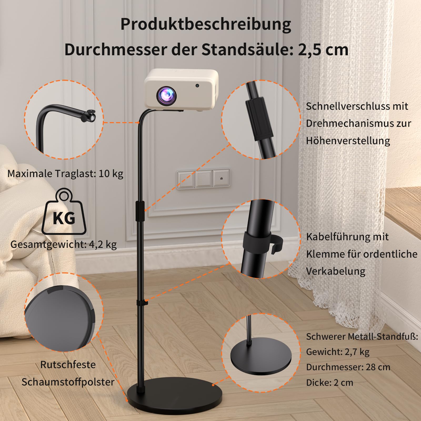 VISULAPEX 360°Beamer Ständer, L-Form Versteckter Beamer Halterung 80cm -145cm Höhenverstellbar, Tragkraft bis zu 10kg Mini Projektor Bodenhalterung Kompatibel mit Kameras, Handyhalterungen Webcams