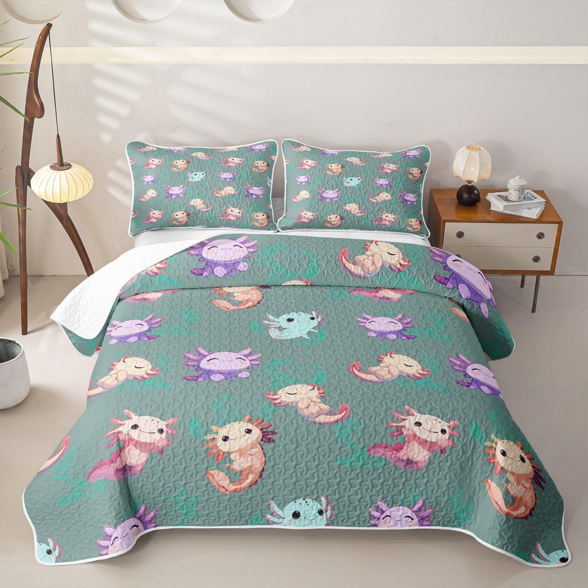 Erosebridal Axolotl Quilt Twin Underwater Quilt Set Cartoon Seaweed Starfish Coral Cute Quilted Coverlet Lightweight Salamander Girly Green Purple Bedspread