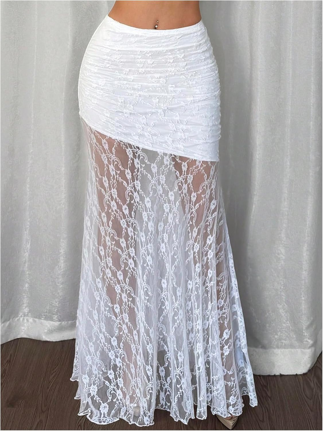 GORGLITTER Women's Floral Lace Sheer Mesh Long Skirt Y2k A Line Low Rise Ruched Flowy Coquette Maxi Skirts - Image 4