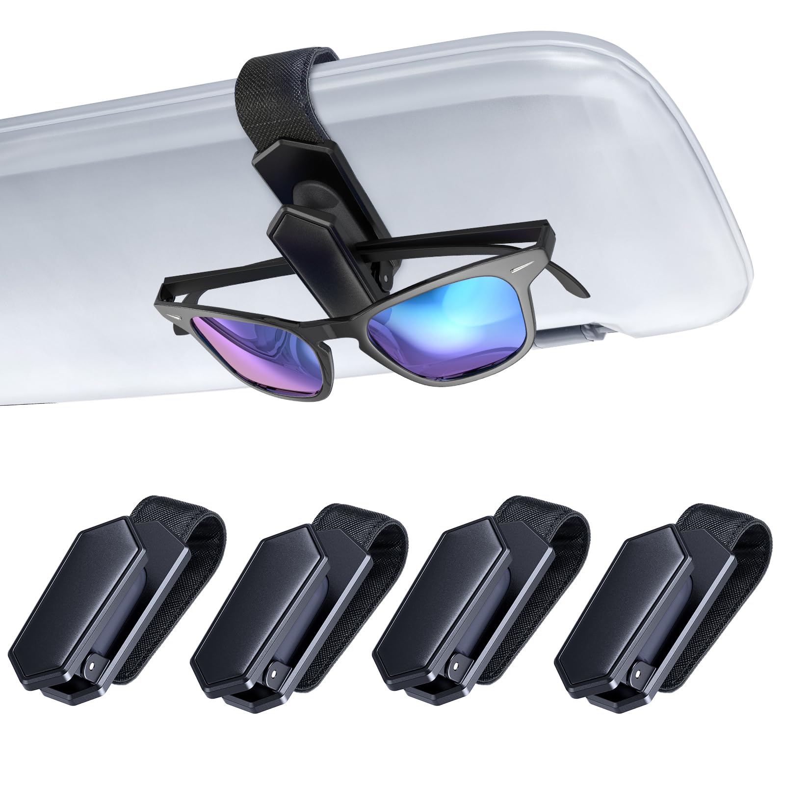 One-Handed-Operation Sunglasses Holder for Car, Visor Sunglass Holder Clip, Car Accessories Interior, Universal Fit Silicone Padded Visor Sunglass Holder Car, Unmatched Durability (4 Pack)