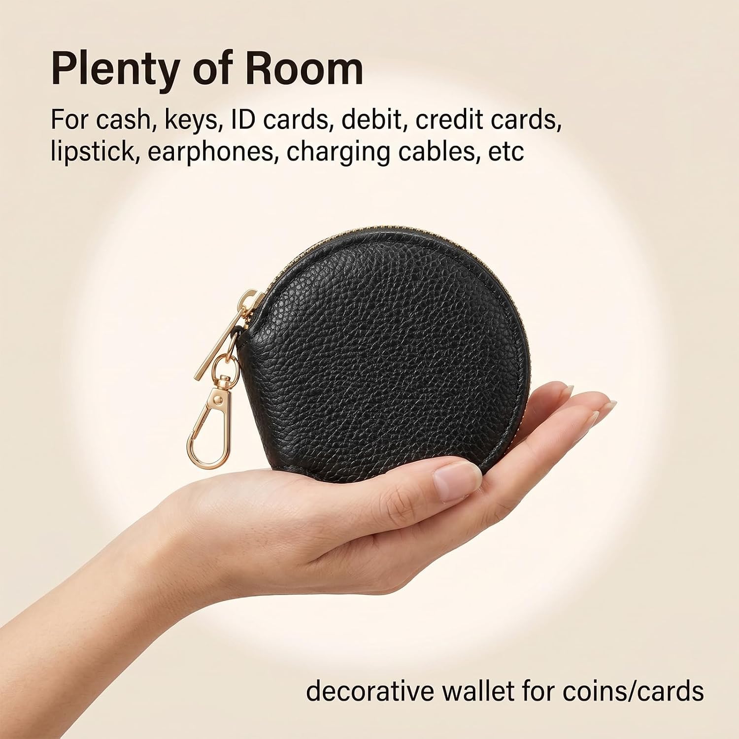 Mini Coin Purse for Women and Men,Leather Small Coin Round Change Purse Pocket-Sized, Zipper Small Coin Holder for Cash Keys Cards, Mini Cute Black Wallet for Travel