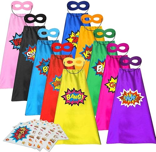 ADJOY Capas y máscaras de superhéroe para niños con calcomanías grandes de superhéroe, disfraz de superhéroe para fiestas, 10 juegos (20 unidades)