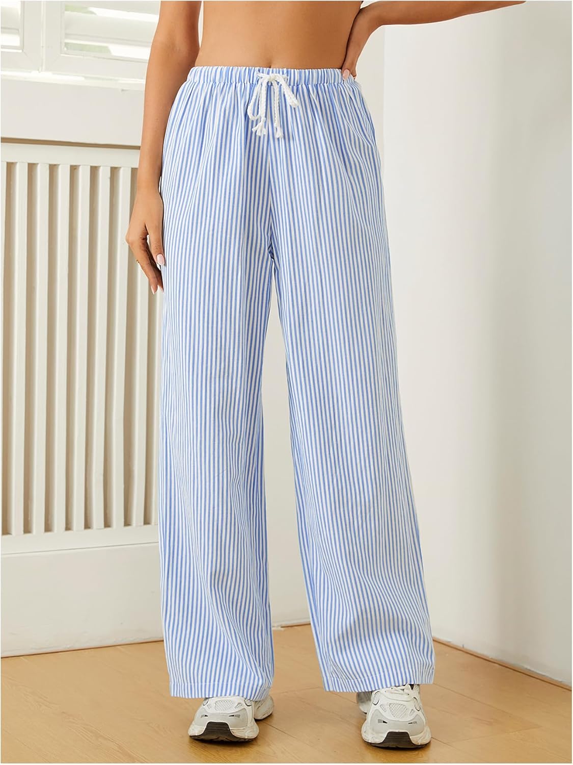 Women's Striped Print Straight Wide Leg Linen Pants Drawstring Waist Slant Pockets Pants Casual Long Pants - Image 4