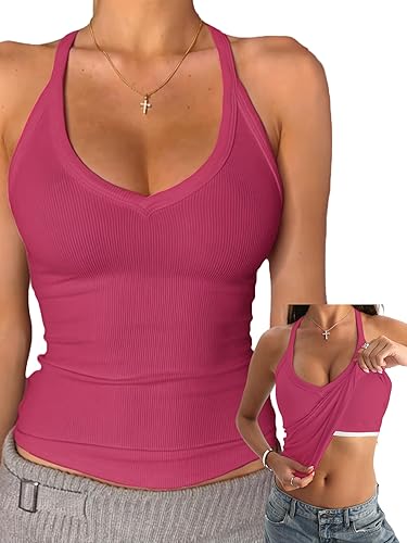 Danysu V Neck Cotton Tank Tops with Built-in Shelf Bra