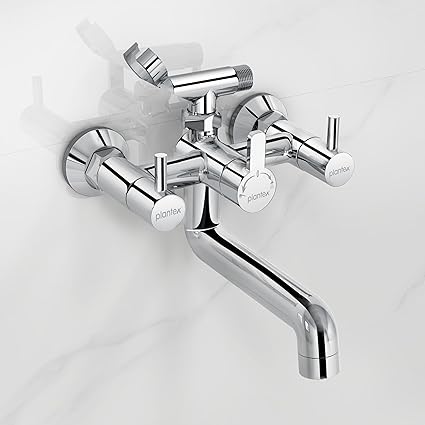 Plantex ICO-917 Pure Brass Telephonic Wall Mixer with Crutch Arranging Hot & Cold Water for Bathroom/Mixer Tap for Bathroom with Brass Wall Flange & Teflon Tape-(Mirror Chrome)