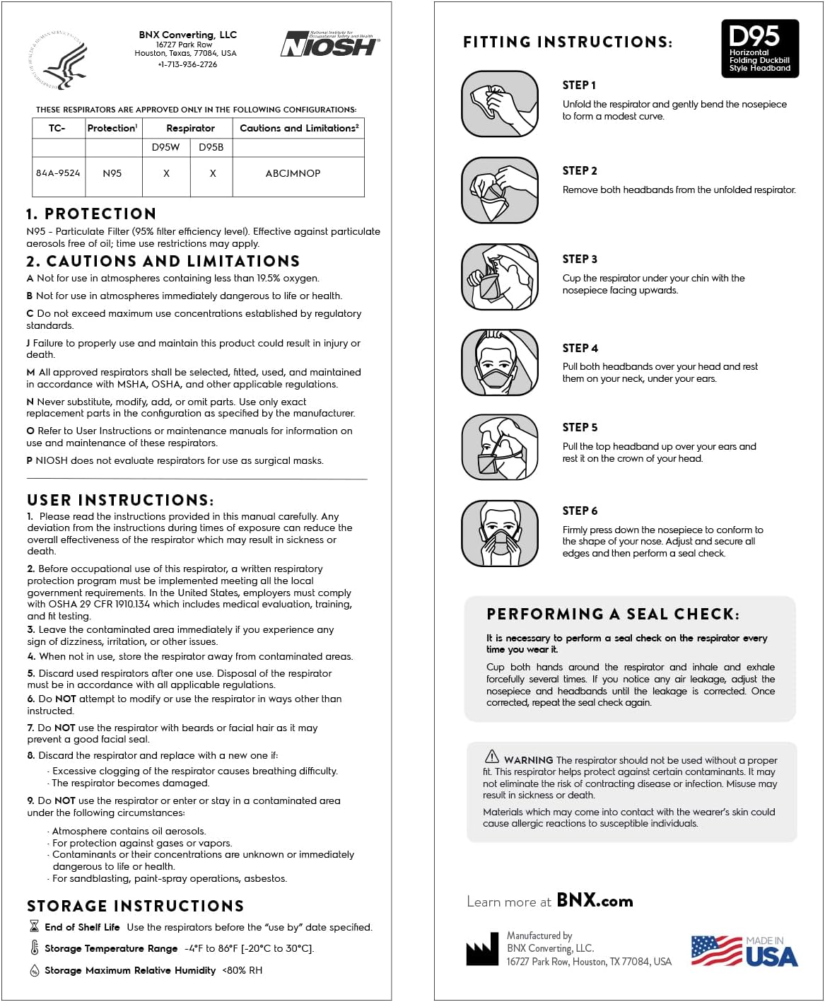 BNX N95 Mask NIOSH Certified MADE IN USA Duckbill Style Particulate Respirator Protective Mask (20-Pack, Approval Number TC-84A-9524 / Model D95B) Black