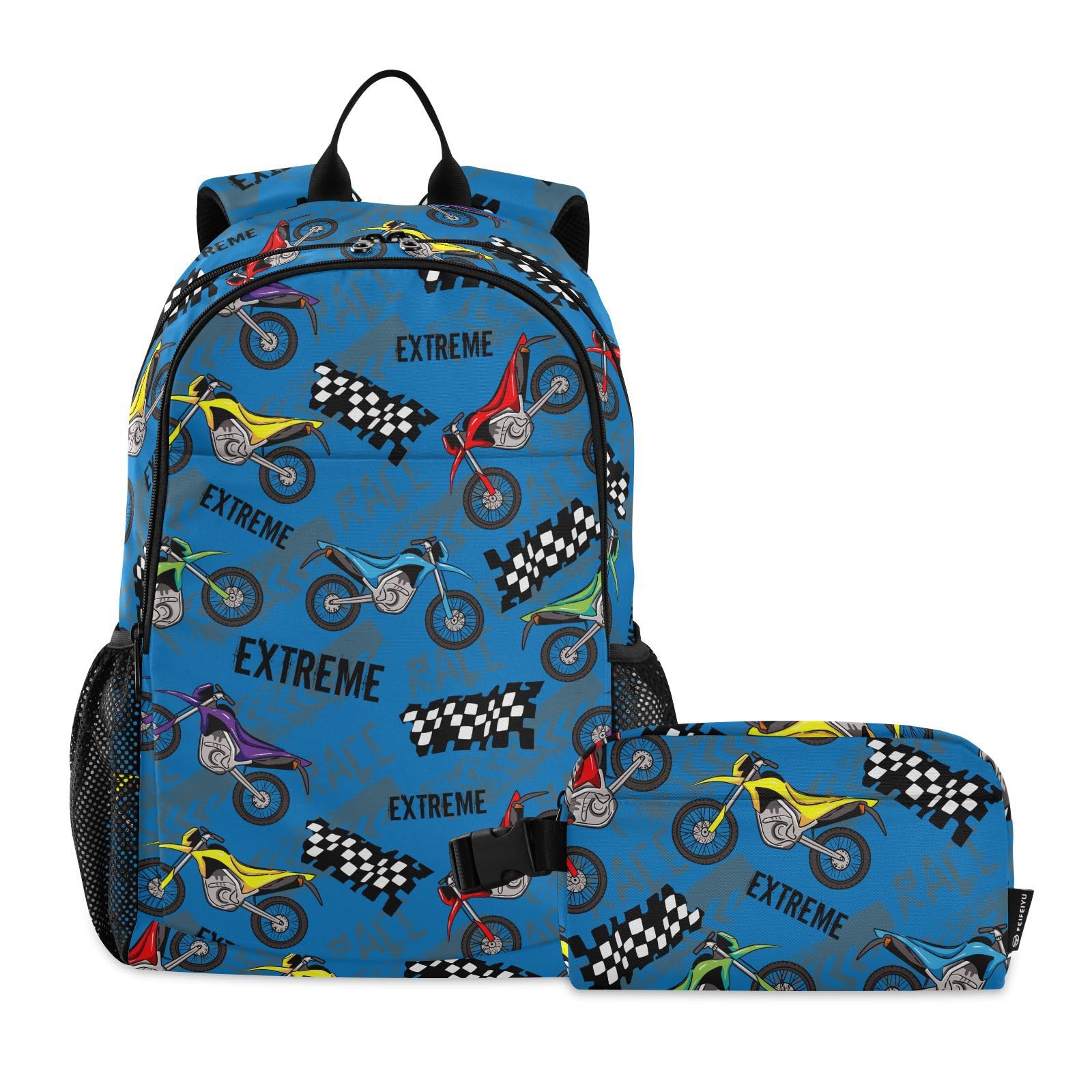 Emelivor Motorcycles Kids Backpack for Girls Boys School Bookbag with Insulated Lunch Box for Hight Middle School Book Bag